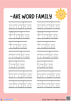 AKE Word Family Tracing Practice Worksheet