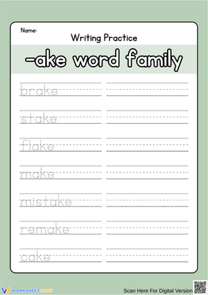 AKE Word Family Writing Practice Worksheet