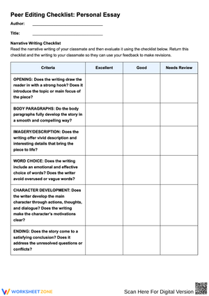 Personal Essay Peer Editing Checklist