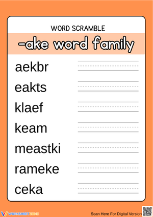 AKE Word Family Unscramble Practice