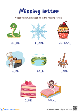 AKE Word Family Missing Letter Vocabulary Worksheet
