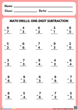 Math Drills: One-Digit Subtraction Worksheet