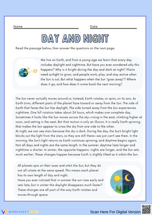 Day and Night Reading Comprehension Worksheet