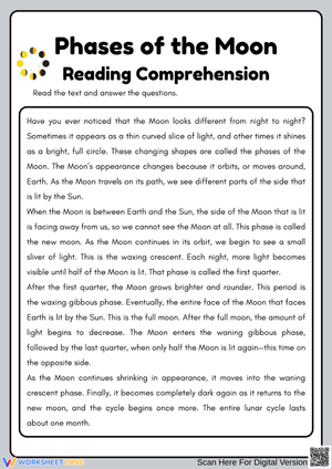Phases of the Moon Reading Comprehension Worksheet