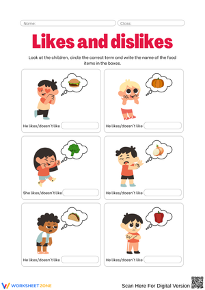 Likes and Dislikes Food Vocabulary Worksheet