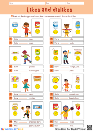 Likes and Dislikes Food Sentences Worksheet
