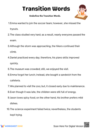Transition Words Identification Worksheet