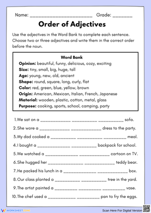 Order of Adjectives Fill-in-the-Blank Worksheet