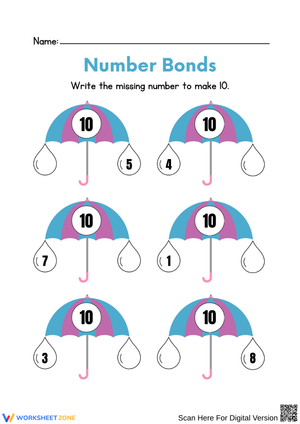 Umbrella Number Bonds to 10 Worksheet