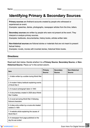 Identifying Primary and Secondary Sources Worksheet