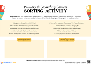 Primary & Secondary Sources Sorting Activity Worksheet