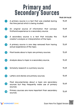 Primary & Secondary Sources: True or False Worksheet