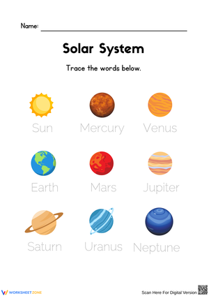 Solar System Word Tracing Worksheet