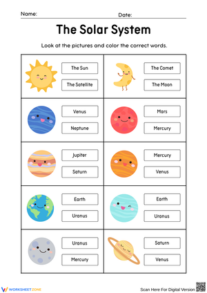 Solar System Picture Word Coloring Worksheet
