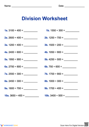 Division Worksheet with Multi-Digit Numbers