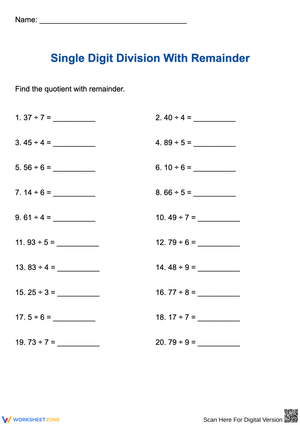 Single-Digit Division With Remainders Worksheet