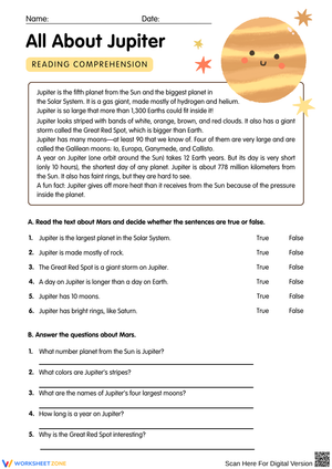All About Jupiter Reading Comprehension Worksheet