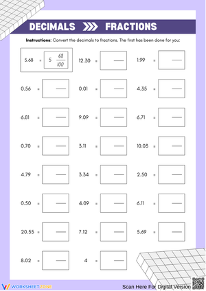 Decimals to Fractions Conversion Worksheet