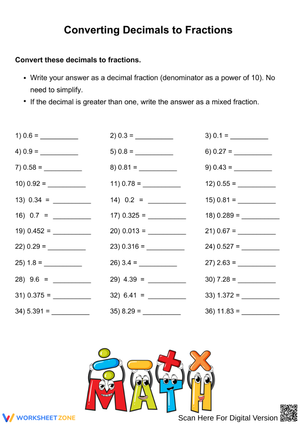 Decimal to Fraction Conversion Worksheet