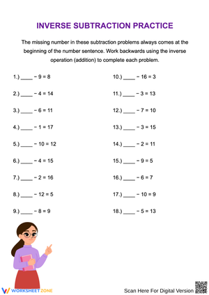 Inverse Subtraction Practice Worksheet