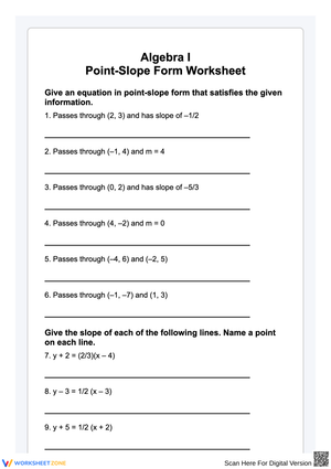 Algebra I – Point-Slope Form Worksheet