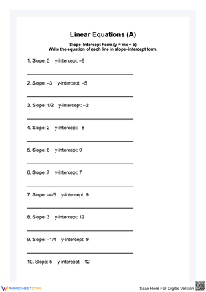 Linear Slope-Intercept Form Worksheet: Write Linear Equations (A) – Slope-Intercept Form