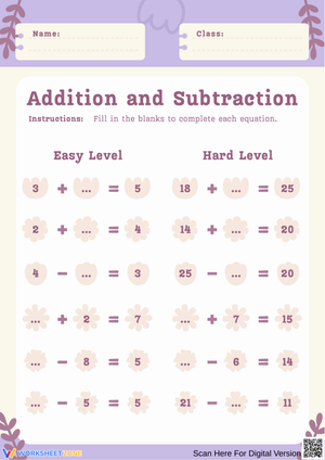 Addition and Subtraction Worksheet: Easy & Hard Levels