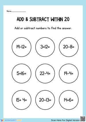 Add and Subtract Within 20 Worksheet