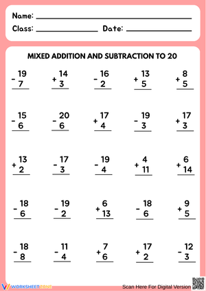 Mixed Addition and Subtraction to 20 Worksheet