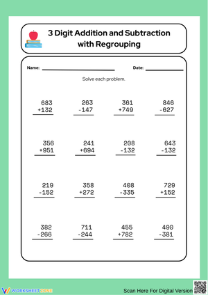 3-Digit Addition and Subtraction With Regrouping Worksheet