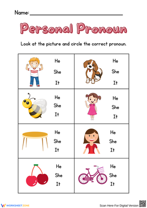 Personal Pronoun Worksheet: He, She, It