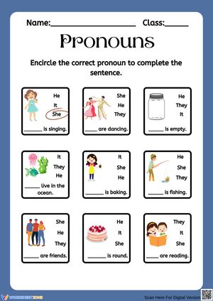 Pronoun Selection Worksheet: He, She, It, They
