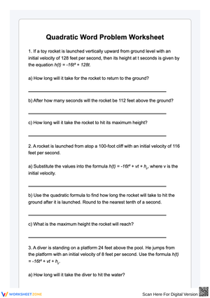 Quadratic Word Problem Worksheet