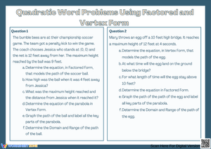Quadratic Word Problems Using Factored and Vertex Form Worksheet
