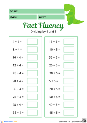 Fact Fluency: Dividing by 4 and 5 Worksheet