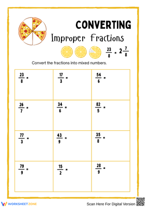 Converting Improper Fractions to Mixed Numbers Worksheet
