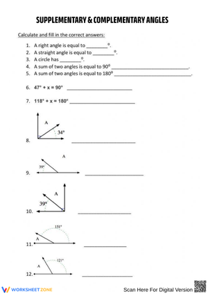 Supplementary & Complementary Angles Worksheet