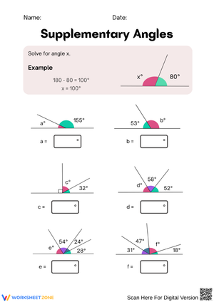 Finding Supplementary Angles Practice Worksheet