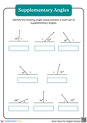 Supplementary Angles Practice Worksheet (Find the Missing Angle)
