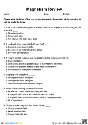 Magnetism Review Worksheet (Multiple Choice)