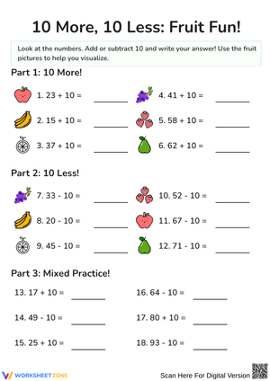 10 More, 10 Less: Fruit Fun Worksheet