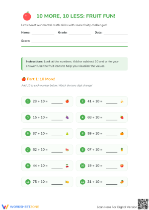 10 More, 10 Less: Fruit Fun Worksheet