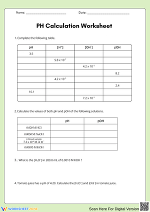 pH Calculation Worksheet with Ion Concentration Practice