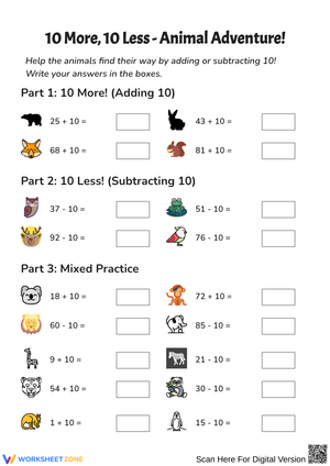 10 More, 10 Less: Animal Adventure Worksheet