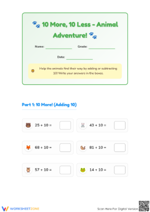 10 More, 10 Less: Animal Adventure Worksheet