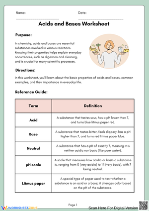 Acids and Bases Worksheet with pH Scale and Applications