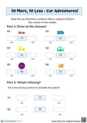 10 More, 10 Less: Car Adventures Worksheet