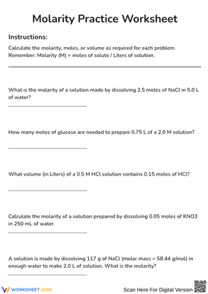 Molarity Practice Worksheet for Solute and Solution Calculations
