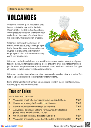 Volcanoes Reading Comprehension Worksheet