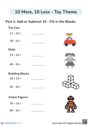 10 More, 10 Less: Toy Theme Worksheet